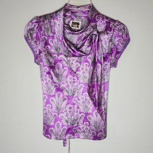 Free People Silk Cap Sleeve Peacock feather Print Blouse Purple Size 0